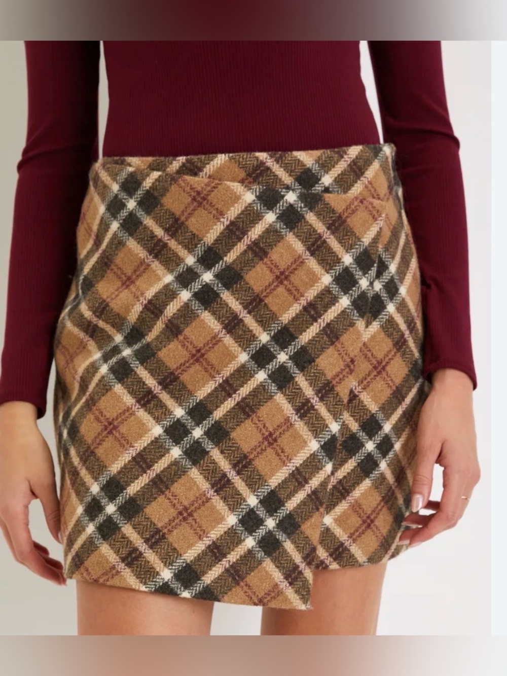 Lulus fan plaid faux wrap mini skirt, XL